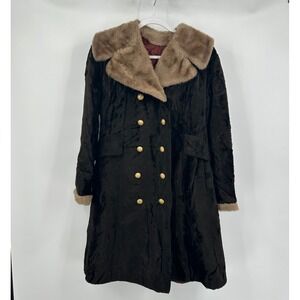 Vintage French Womens Coat Size L Faux Fur Double Breasted‎ Parisian Chic